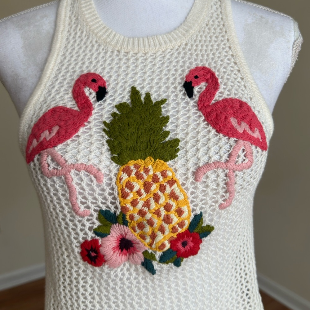 NWT American Eagle Crochet Tank Top Flamingo Pineapple Embroidered Small - Picture 6 of 10